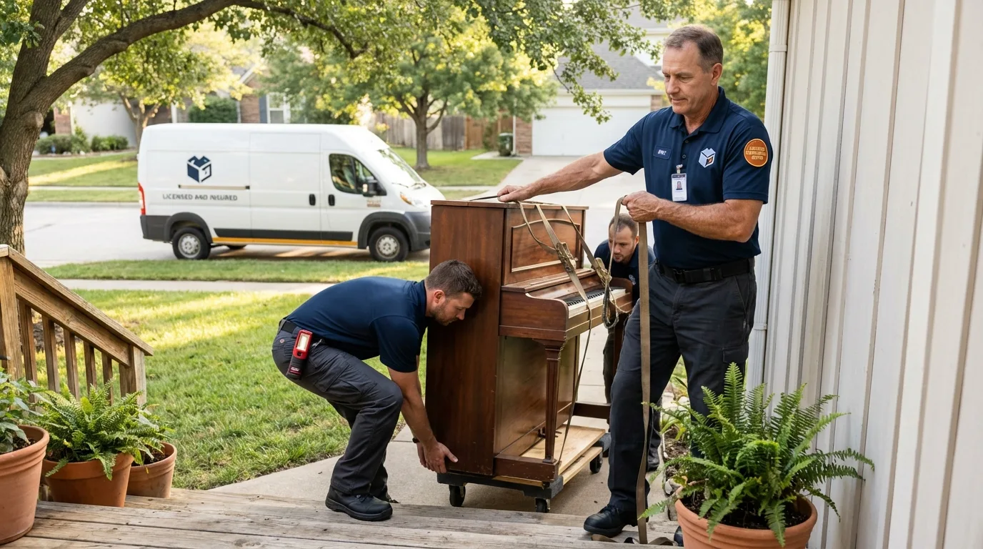 Licensed piano movers securing grand piano in North Plains, OR