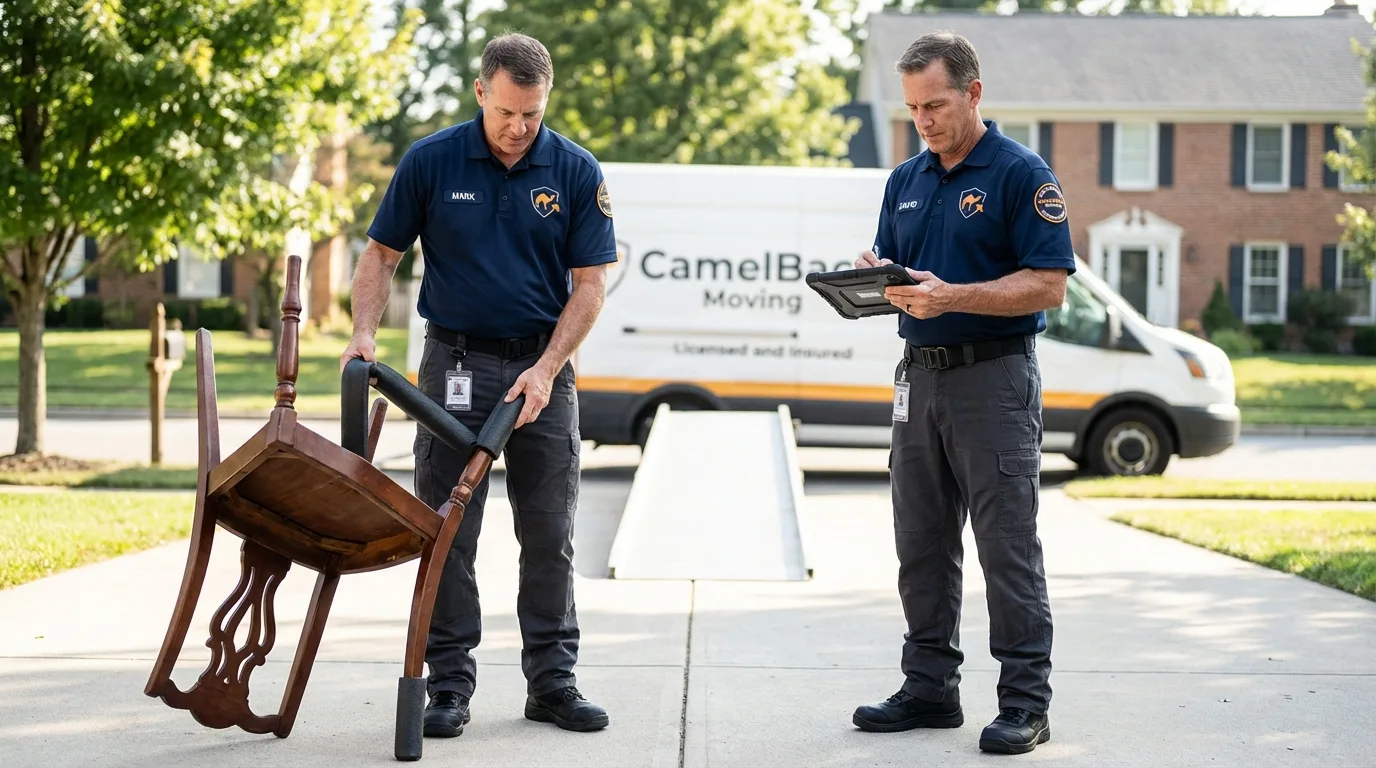Movers inspecting furniture for damage prevention before loading in North Plains, OR