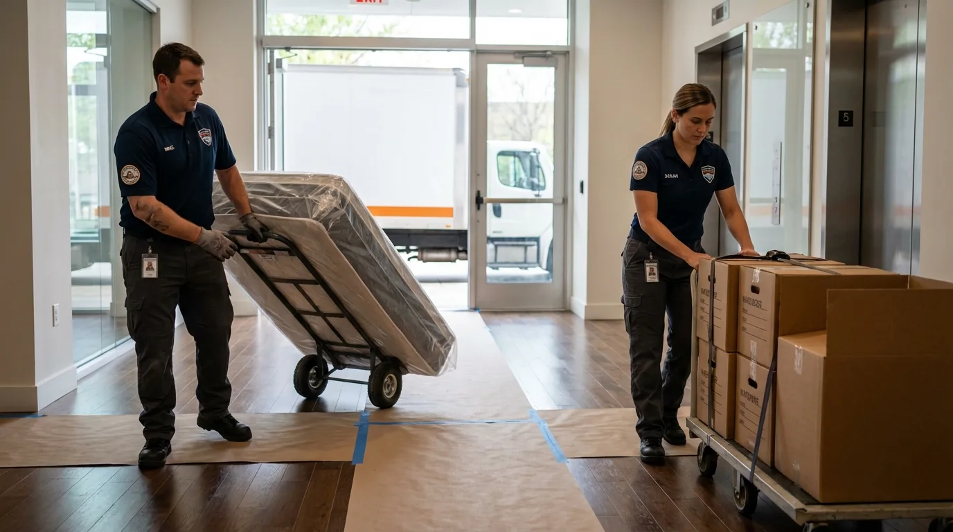 Professional apartment movers loading elevator in North Plains, OR