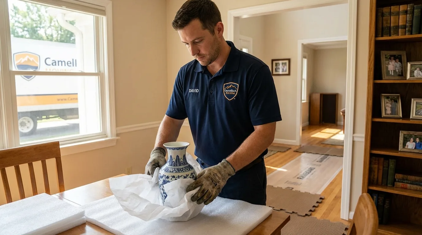 Professional crew carefully wrapping antique vase for senior downsizing move in North Plains, OR